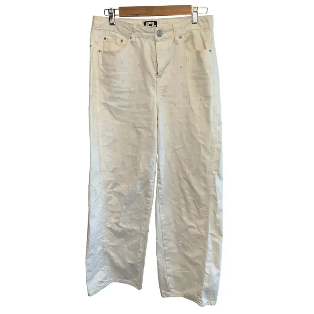 Future Collective Mid-Rise Relaxed Fit Wide Leg Distressed Jeans White Size 6